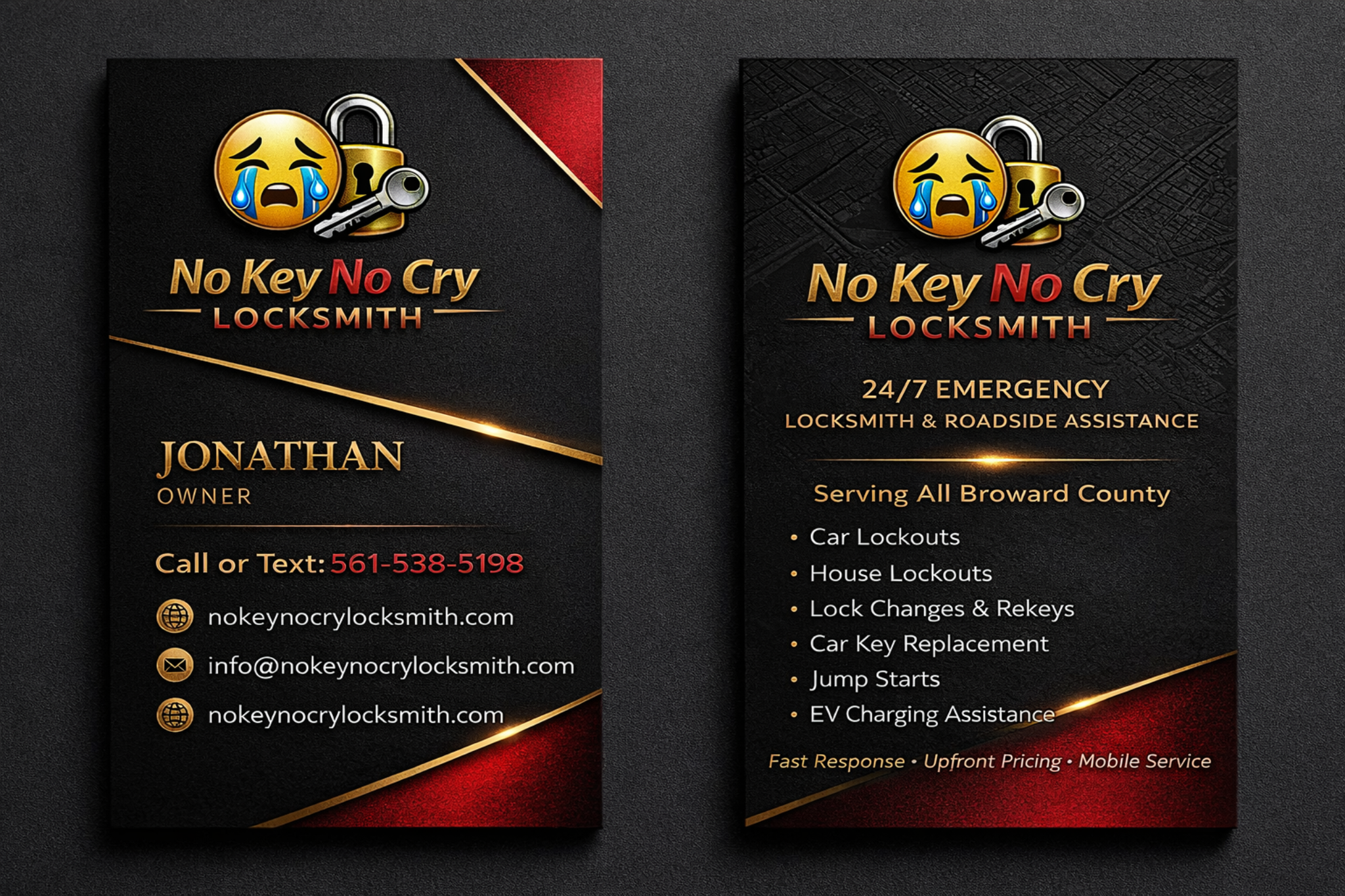 No Key No Cry Locksmith business card for local locksmith service in Broward County